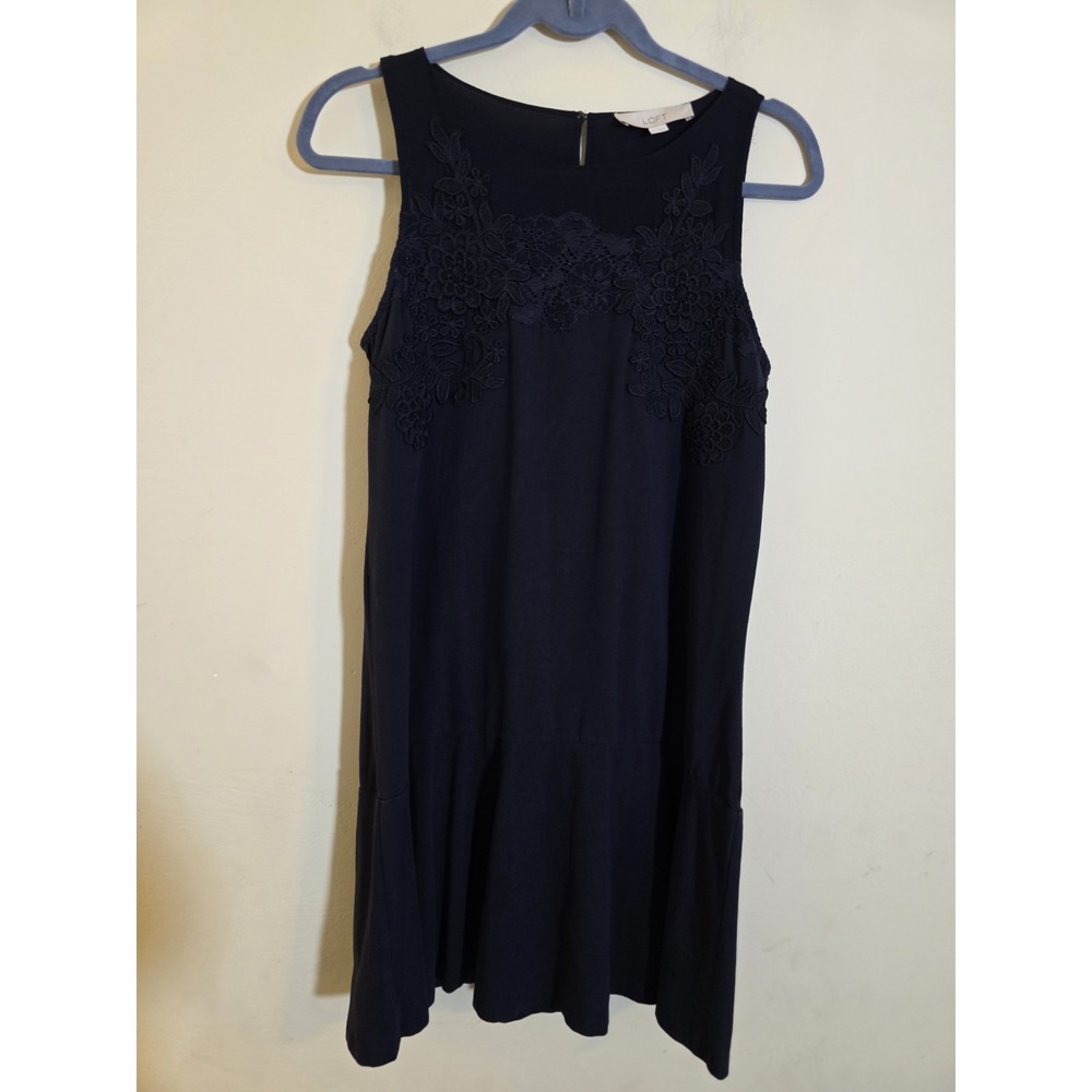 Loft‎ Navy Blue Lace Applique Sleeveless Drop Waist Shift Dress Womens Medium